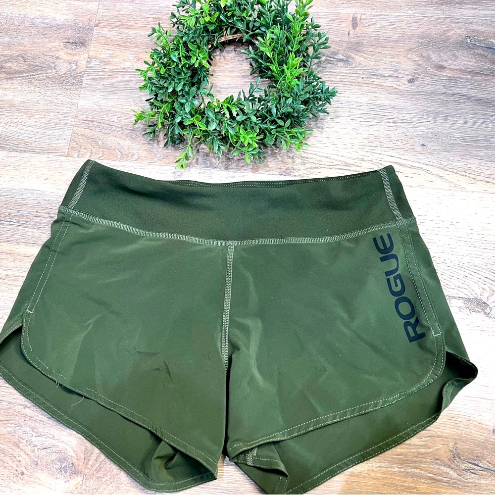 Rogue Fitness-  army green running shorts, activewear/CrossFit, M, excellent